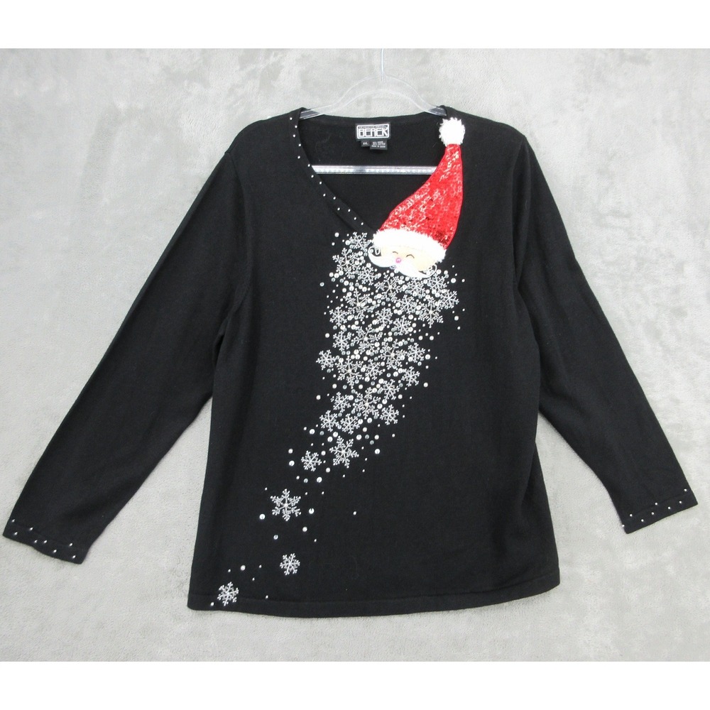 Vintage Berek Sweater Womens Size 1XL Santa Claus Snowflakes Sequins Christmas